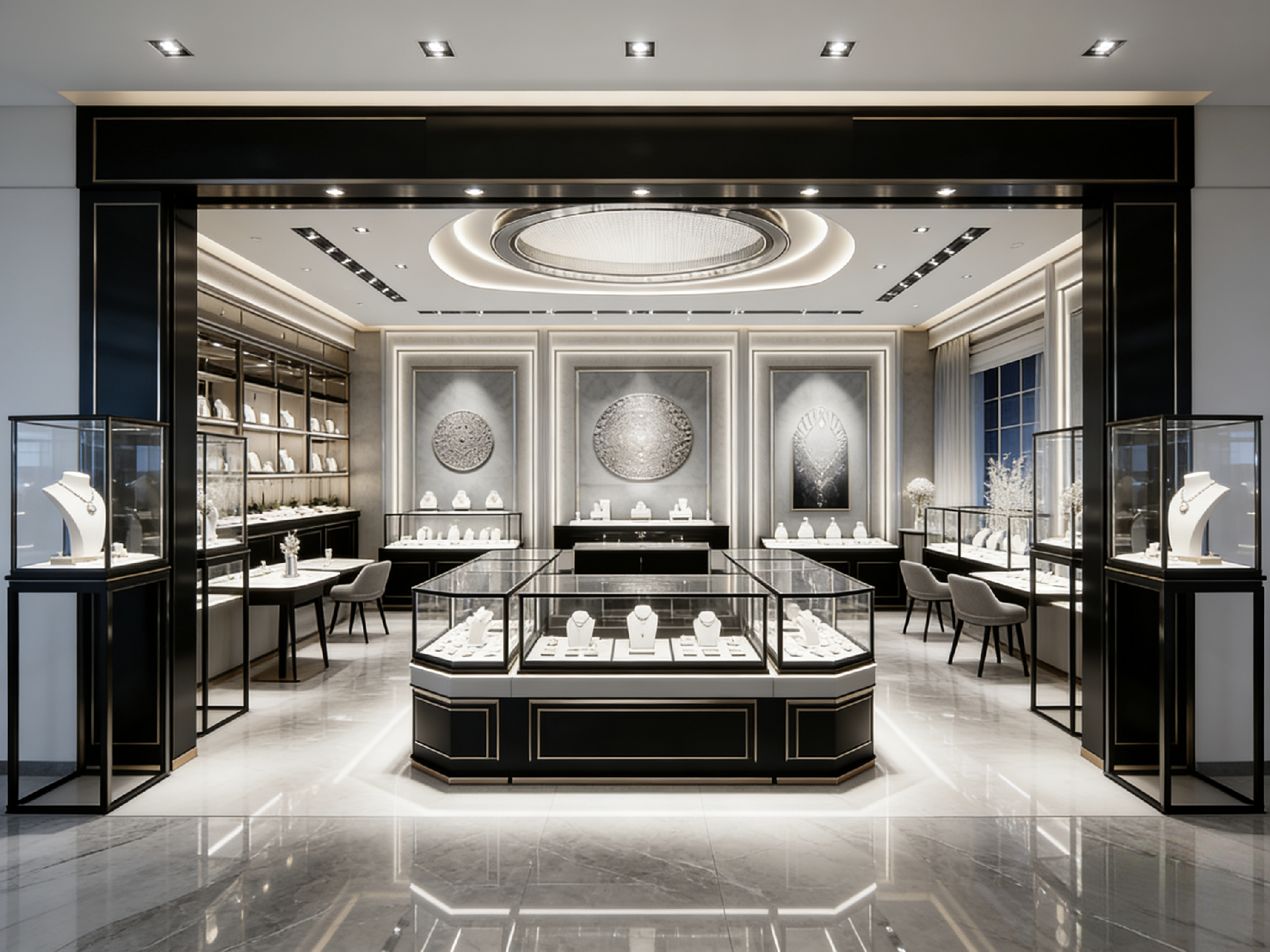 Modern Silver & Black High-End Jewelry Store Design