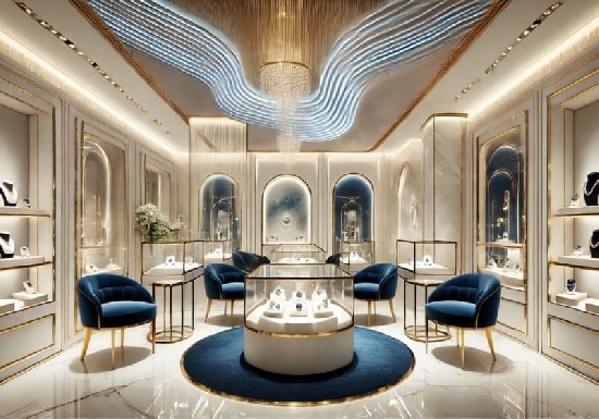 Navy Blue & Gold Elegant Luxury Jewelry Store Design