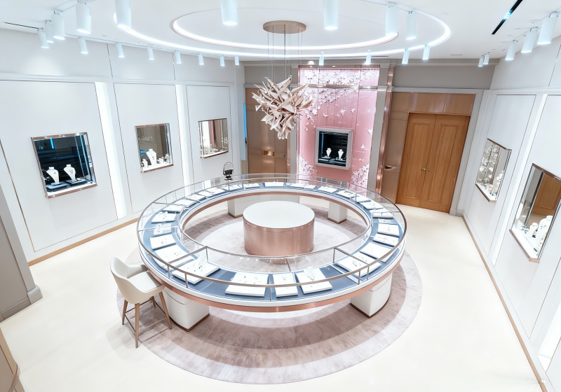 Rose Gold & Blush Elegant Luxury Jewelry Store with Circular Displays