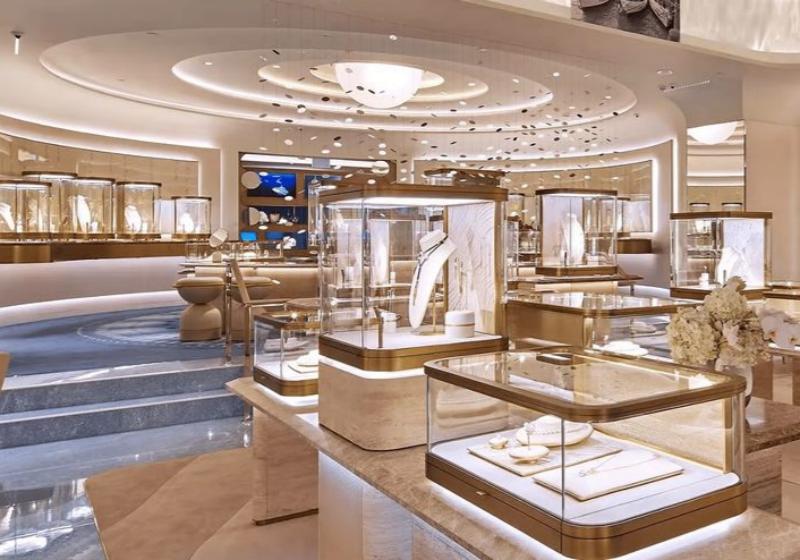 Luxury Curved Jewelry Display Showcase Stone & Champagne Gold Series