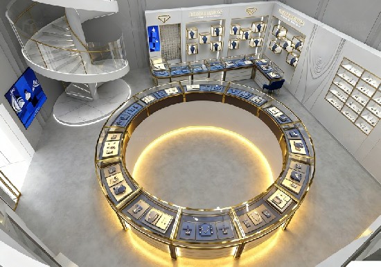 Modern Luxury Jewelry Store with Circular Central Display & Spiral Staircase