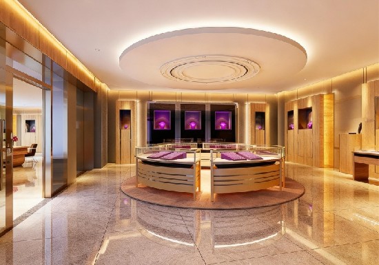 Warm Gold & Light Wood Luxury Jewelry Store with Purple Accents