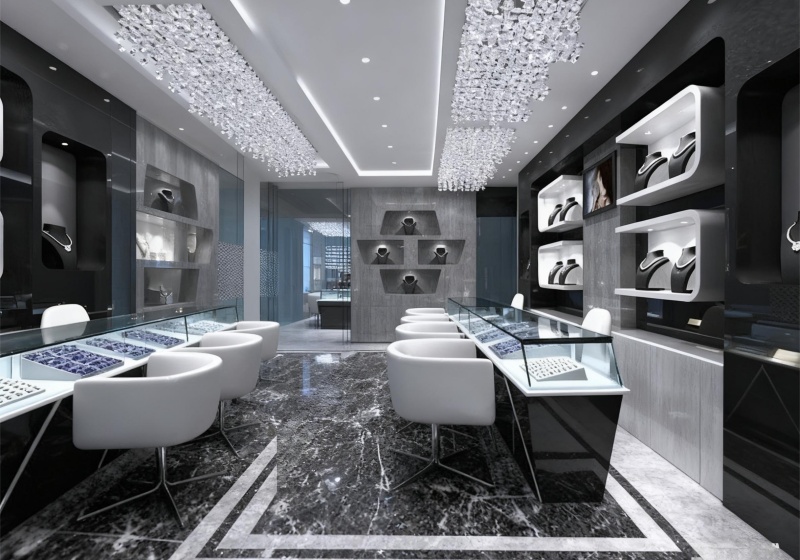 Black & White & Gray Cool Luxury Jewelry Store with Crystal Chandeliers