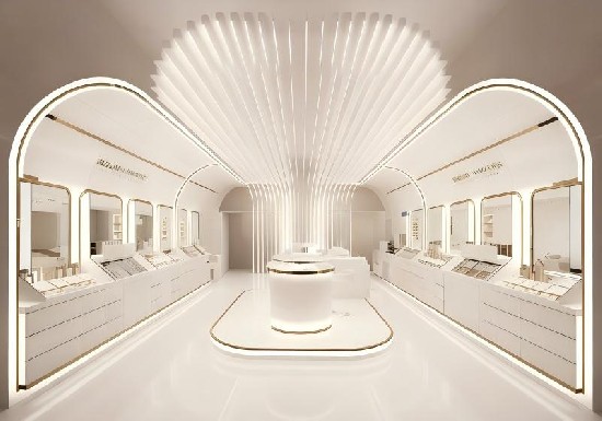 Pure White & Light Gold Futuristic Minimalist Luxury Jewelry Store