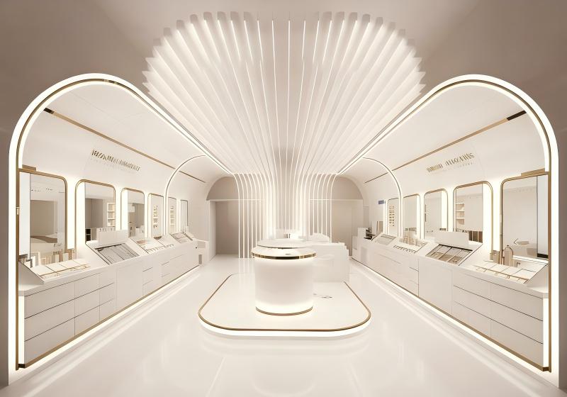 Pure White & Light Gold Futuristic Minimalist Luxury Jewelry Store