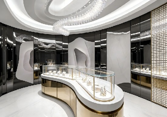 Black Mirror & White Marble Futuristic Luxury Jewelry Store