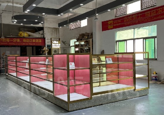 Warm Gold & Pink Velvet Multi-Tiered Jewelry Wall Showcase