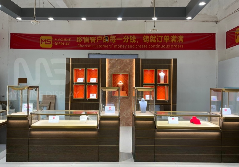 Dark Wood & Gold Luxury Jewelry Store Display Suite with Branded Backwall