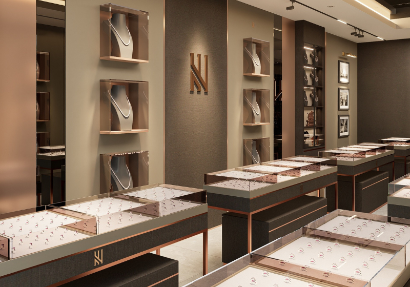 Glass jewelry display cases with LED lighting