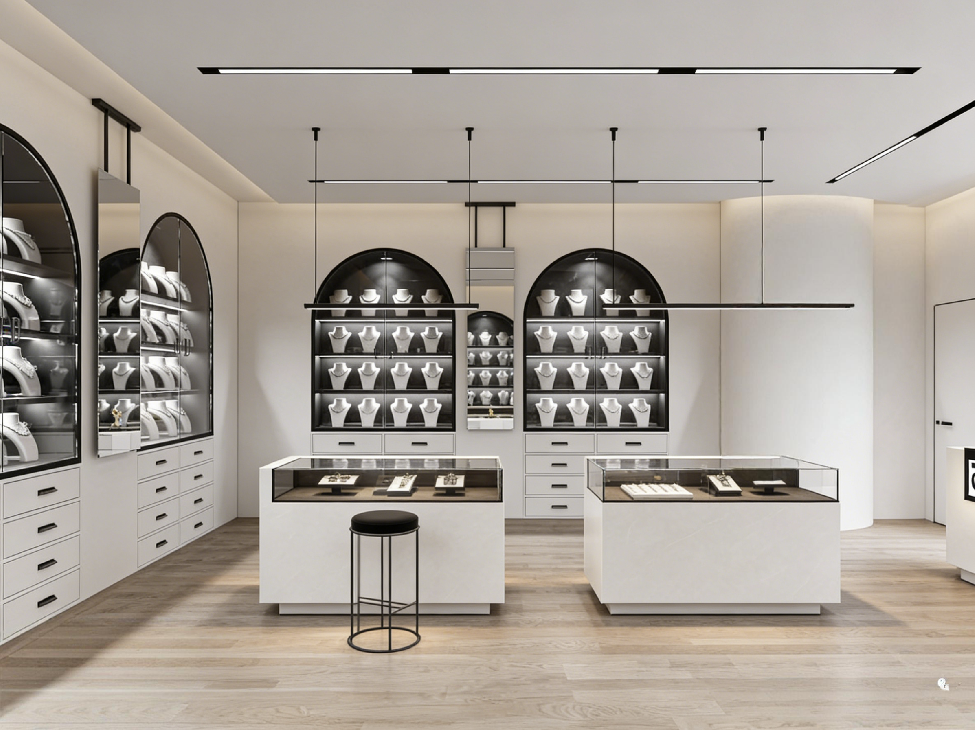 Arched Black & White Minimalist Luxury Jewelry Store Display Suite