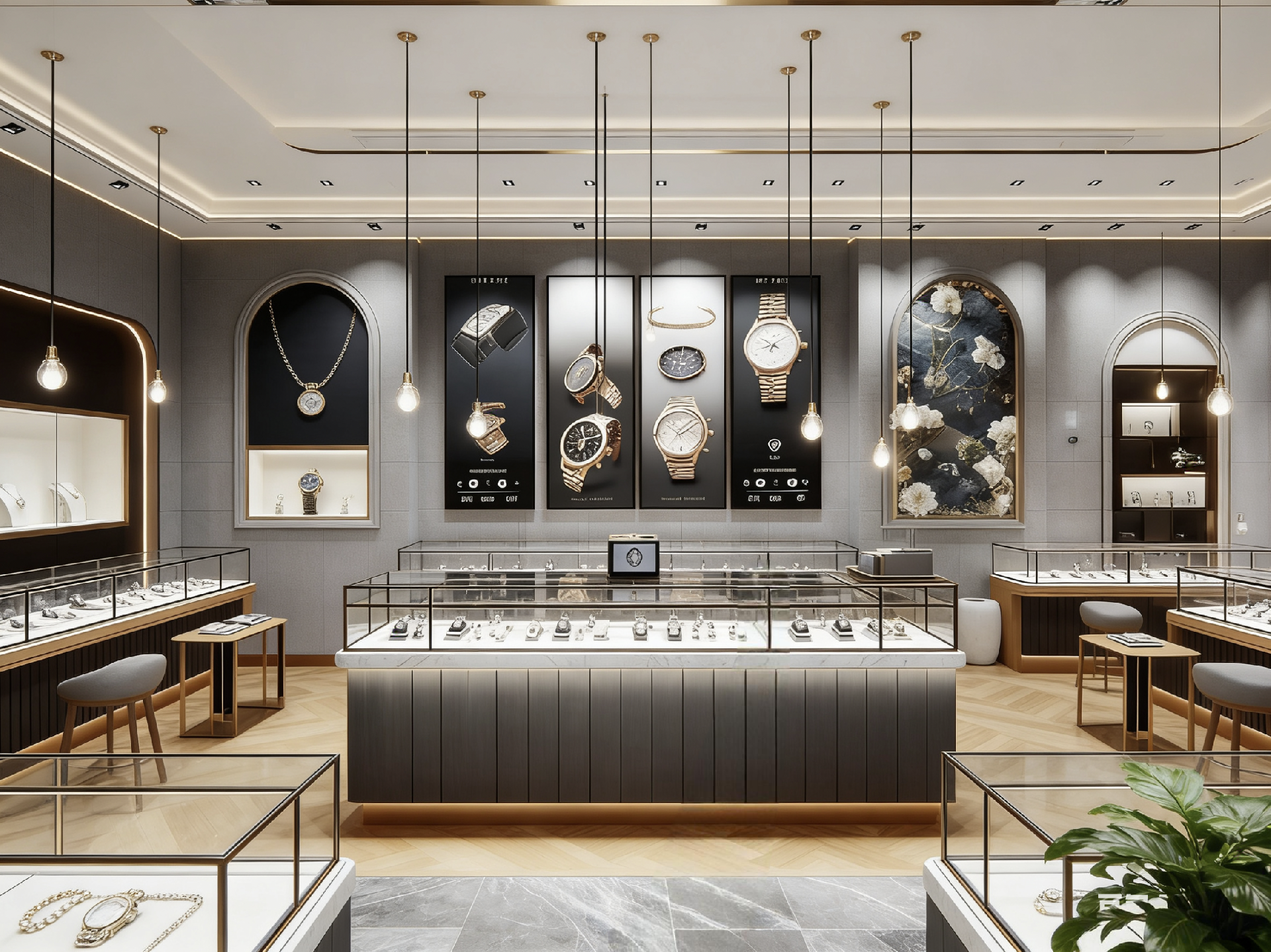 Luxury Watch & Jewelry Store Display Suite with Marble & Gold Accents