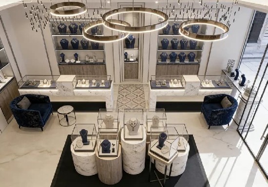 Elegant blue with dark gold Jewelry shop interior design