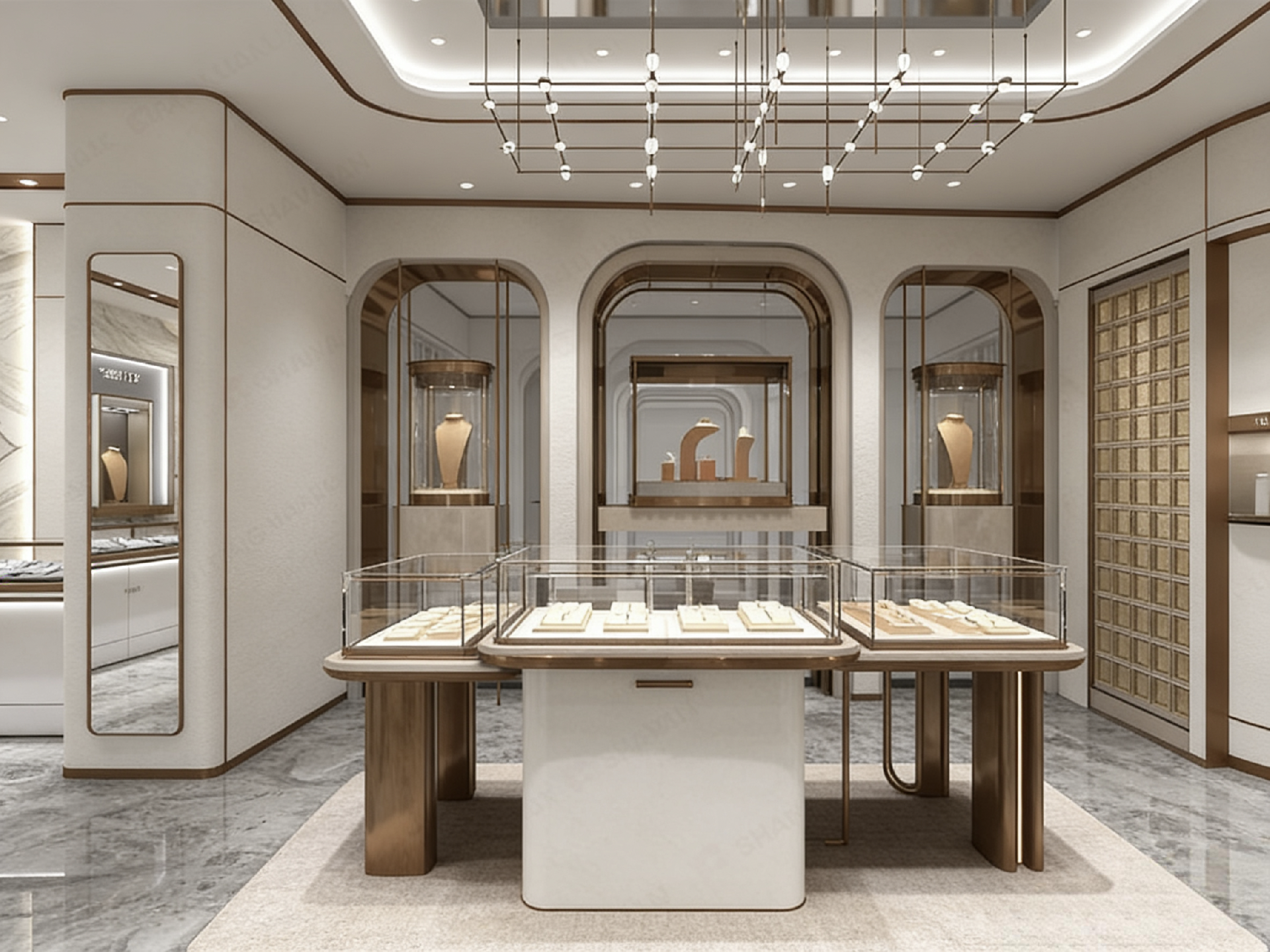 Luxury White & Rose Gold Arched Jewelry Store Display Suite
