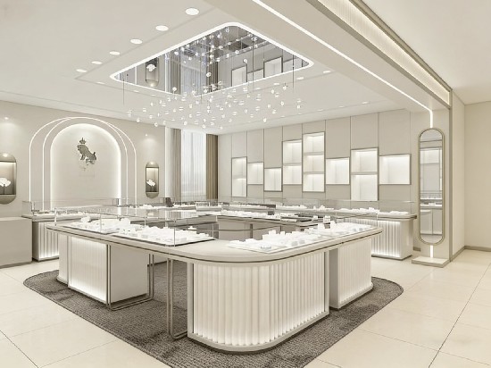 Modern Minimalist White & Silver Curved Jewelry Store Display Suite