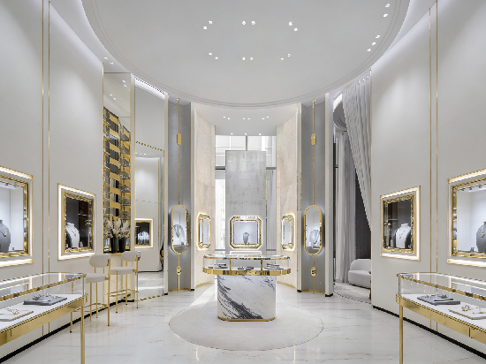 Luxury White & Gold Curved Jewelry Store Display Suite with Marble Focal Island