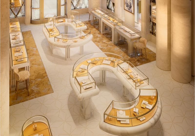 Yellow-orange shining jewelry shop interior design