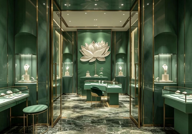 Emerald Green & Gold Luxury Jewelry Store Display Suite with Lotus Art Focal Wall