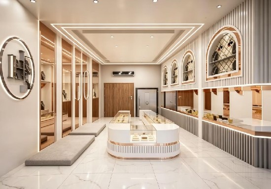 Modern White & Rose Gold Luxury Watch & Jewelry Store Display Suite