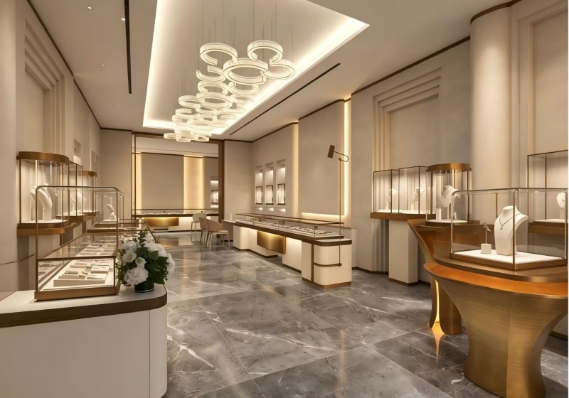Luxury White & Gold Modern Jewelry Store Display Suite with Sculptural Counters
