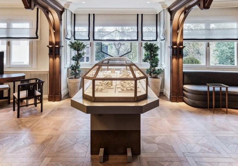 A wooden veneer jewelry display showcase store