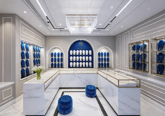 Luxury White Marble & Royal Blue High-End Jewelry Store Display Suite