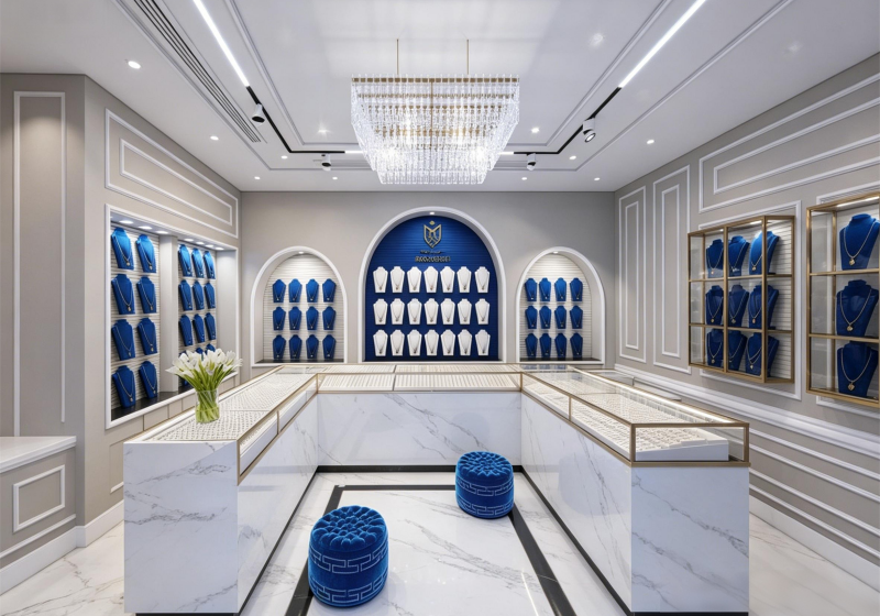 Luxury White Marble & Royal Blue High-End Jewelry Store Display Suite
