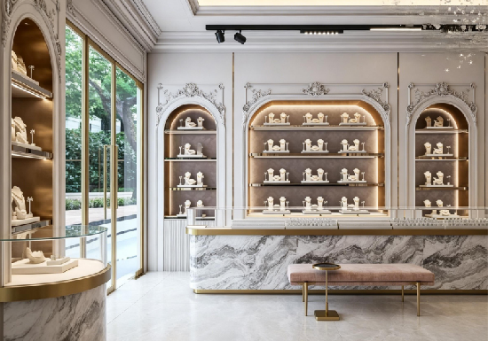 Luxury French Style Marble & Gold High-End Jewelry Store Display Suite
