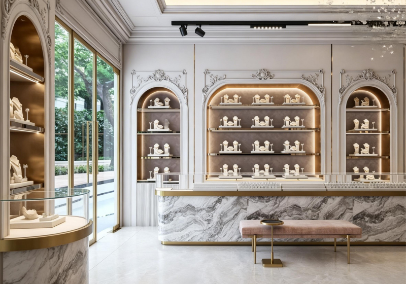 Luxury French Style Marble & Gold High-End Jewelry Store Display Suite
