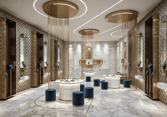 Modern Luxury White & Gold High-End Jewelry Store Display Suite with Vertical Partition Design