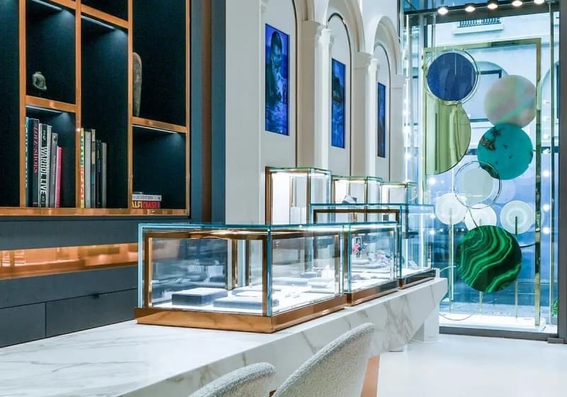A high-end, modern luxury jewelry shop