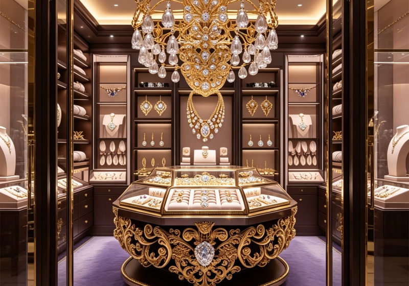 Luxury Ornate Gold & Wood Jewelry Display Cabinets