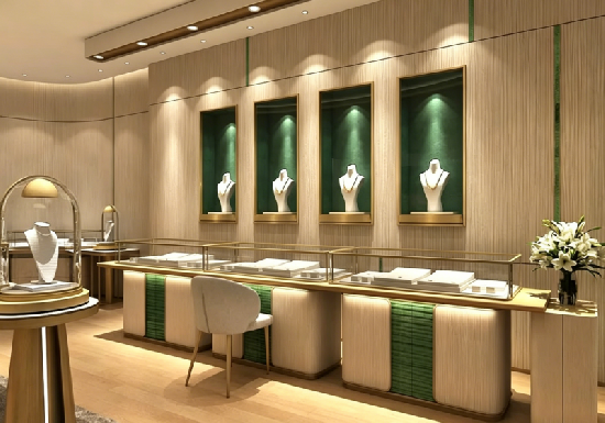Light Wood & Emerald Green Luxury Jewelry Display Cases