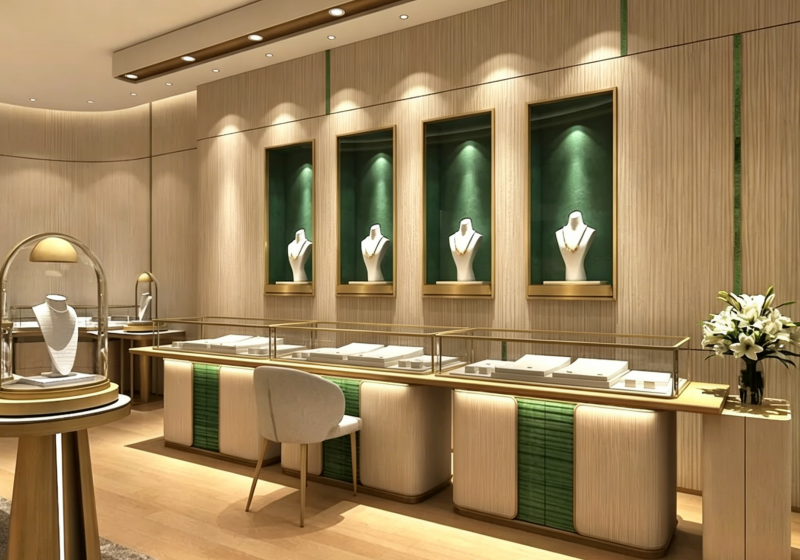 Light Wood & Emerald Green Luxury Jewelry Display Cases