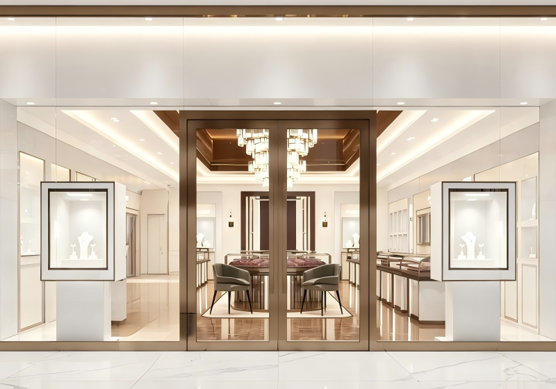 Luxe White & Bronze Jewelry Flagship: Bright, Transparent Storefront and Premium Consultation Zones for High-End Retail Success