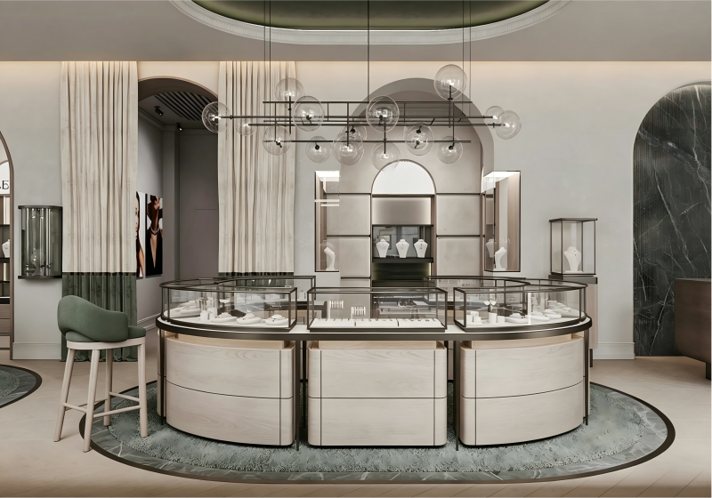 Modern Serene Neutral & Natural Stone Luxury Jewelry Boutique Interior Design