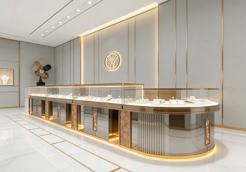 Modern Light Grey & Gold Jewelry Store Display System