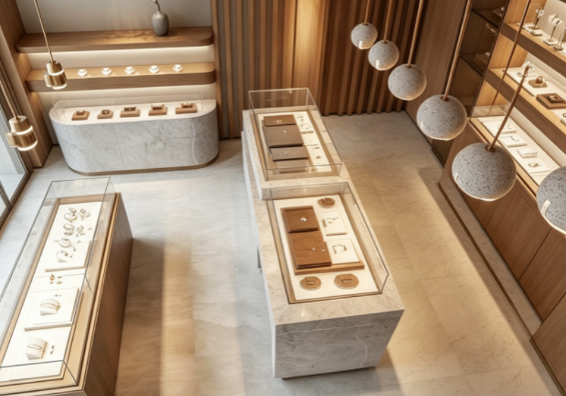 Minimalist Wood & Stone Jewelry Store Interior Design