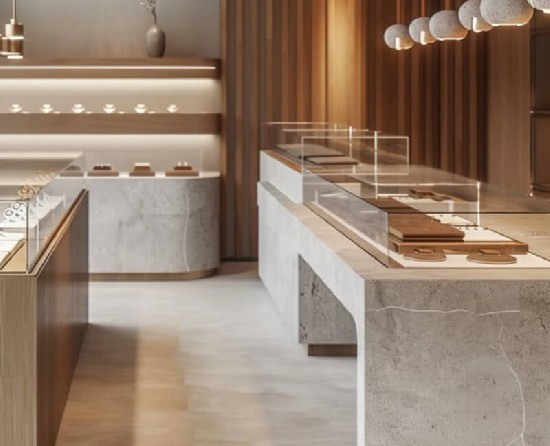 Minimalist Wood & Stone Jewelry Store Interior Design