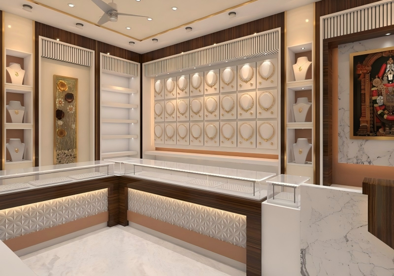 Ornate Middle Eastern-Inspired Jewelry Boutique: Hexagonal Wall Niches & Geometric Screens for Cultural Luxury Retail