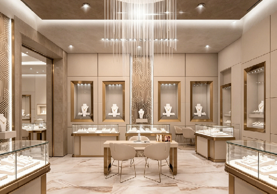 Modern Beige & Gold Jewelry Display Cabinets – Elegant Luxury for Boutiques