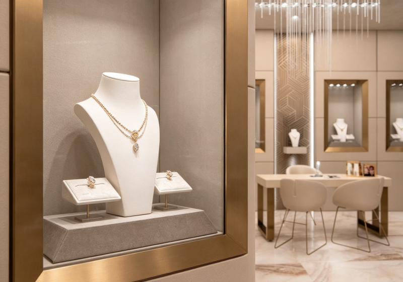Modern Beige & Gold Jewelry Display Cabinets – Elegant Luxury for Boutiques