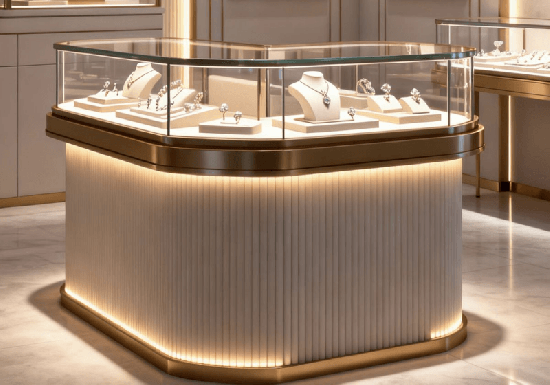 Curved Fluted Base Gold Trim Jewelry Display Counter with LED Lighting