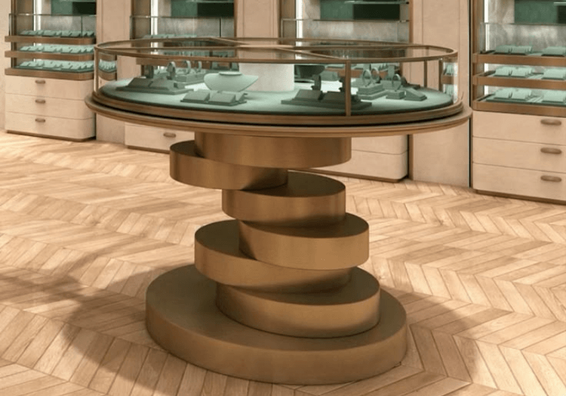 Spiral Tiered Gold Metal Round Glass Jewelry Display Table