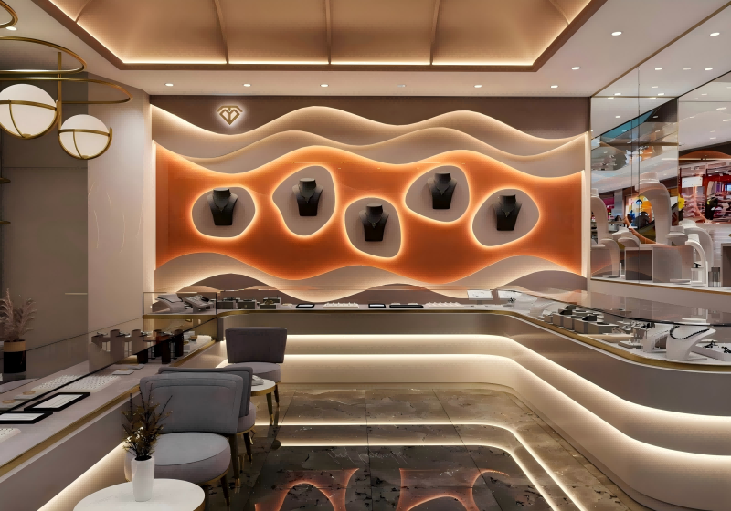 Modern Curved Luxury Jewelry Display Showcase | Full Boutique Interior Solution