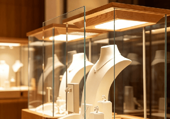Pull Out Tray Fluted Wood Jewelry Display Case with Top LED