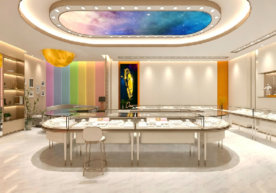Warm Modern Playful Luxury Jewelry Display Cabinet | Full Store Interior Solution