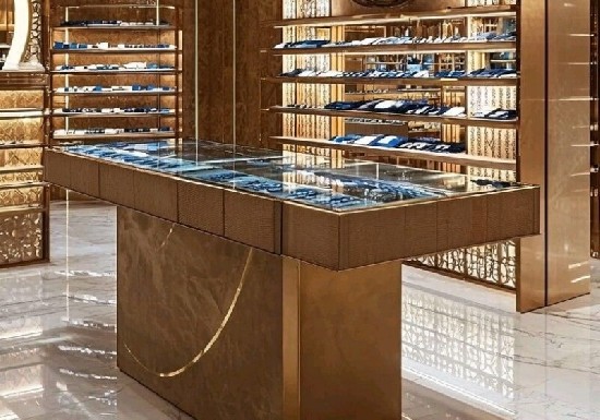 Gold Marble Base Textured Leather Glass Jewelry Display Counter