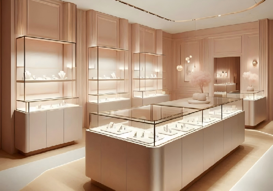 Blush Pink & Black-Framed Jewelry Boutique: Soft-Toned Luxury with Fluted Millwork and Integrated Lighting