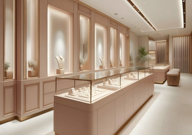 Blush Pink & Black-Framed Jewelry Boutique: Soft-Toned Luxury with Fluted Millwork and Integrated Lighting