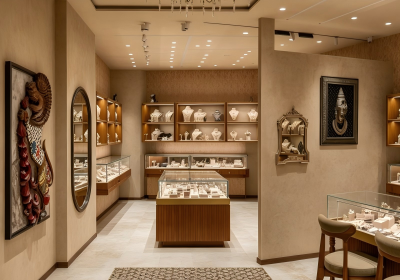Artisan-Inspired Jewelry Boutique: Warm Wood & Earthy Tones with Cultural Decor Accents